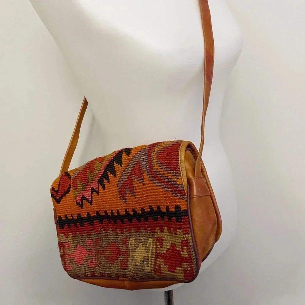 Vintage leather & fabric crossbody bag western cowgirl tribal aztec bag